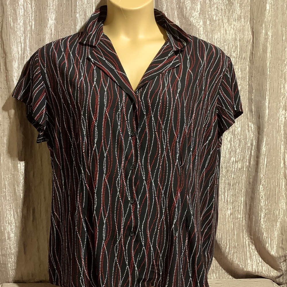 Covington Top Blouse Black w/Red White Polka Dots 20-22W Short Sleeve Buttons